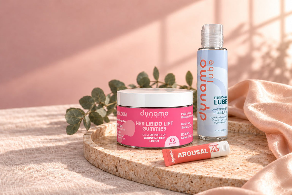 Her Libido Lift gummies, Arousal Cream for Her and water-based lube on a stone tray