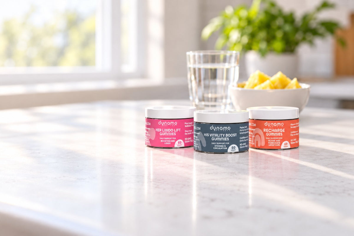 Her Libido Lift, His Vitality Boost and Recharge gummies on a sunny kitchen counter