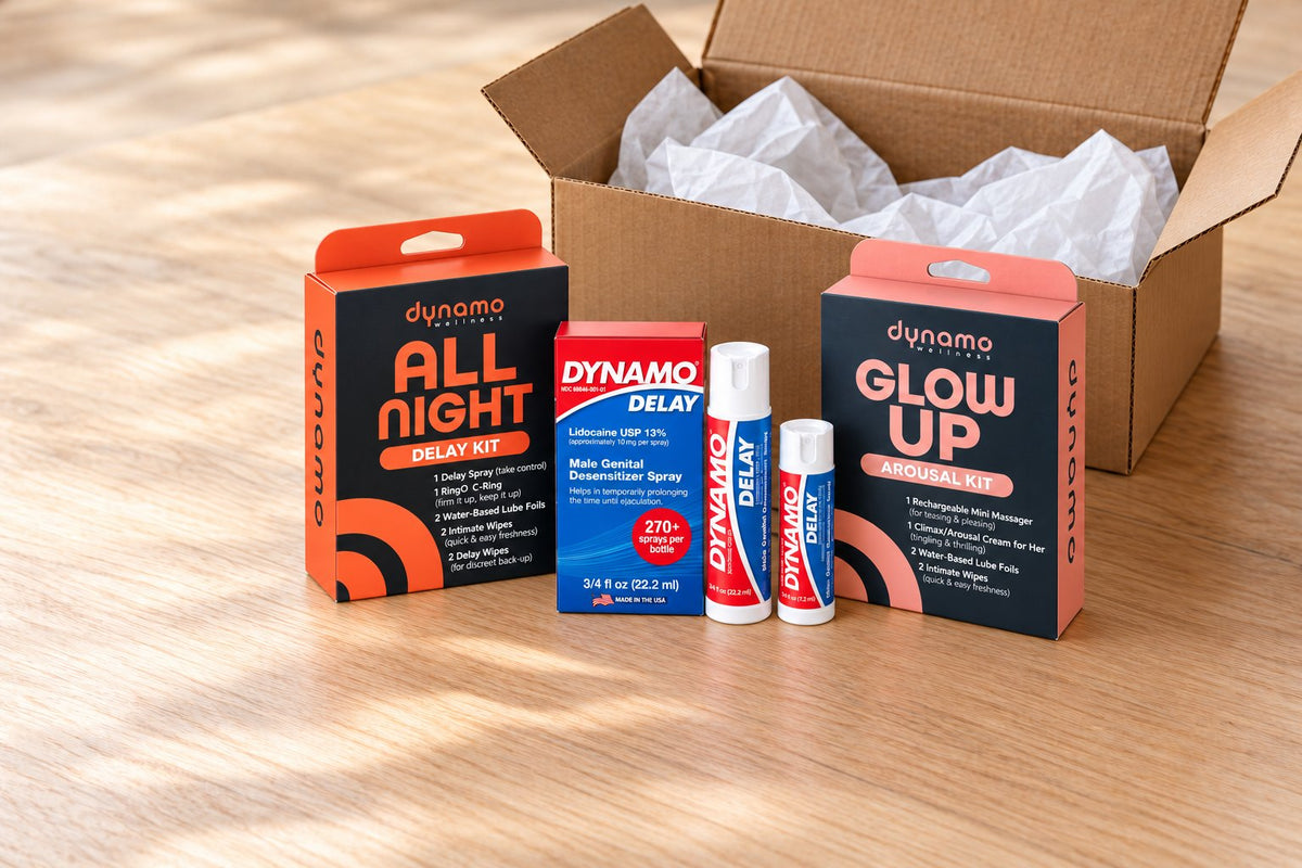 All Night kit, Dynamo Delay spray and To Go, and Glow Up kit in front of a plain shipping box