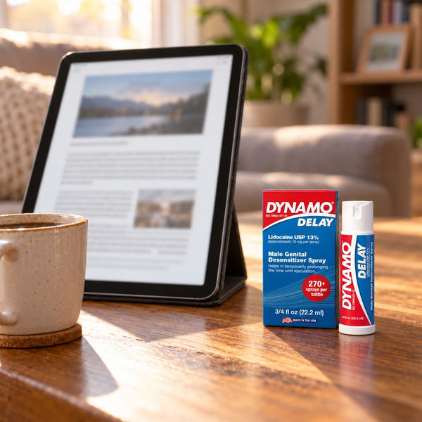Dynamo Delay spray beside a tablet and a cup of coffee