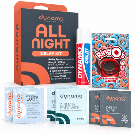 All Night Delay Kit: Dynamo Delay spray, RingO c-ring, lube foils, intimate wipes and delay wipes