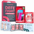 Date Night Couples Kit: rechargeable mini massager, vibrating ring, condoms, intimate wipes and lube foils