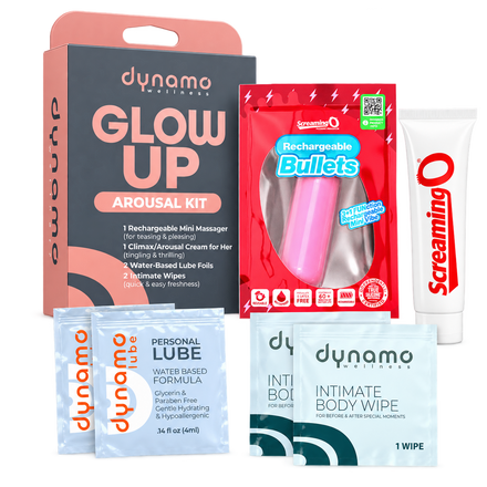 Glow Up Arousal Kit: rechargeable mini massager, arousal cream for her, lube foils and intimate wipes