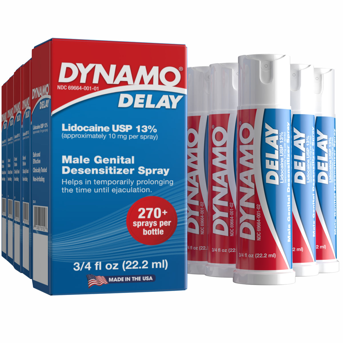 Dynamo Delay Spray 5 Pack: five boxes and bottles